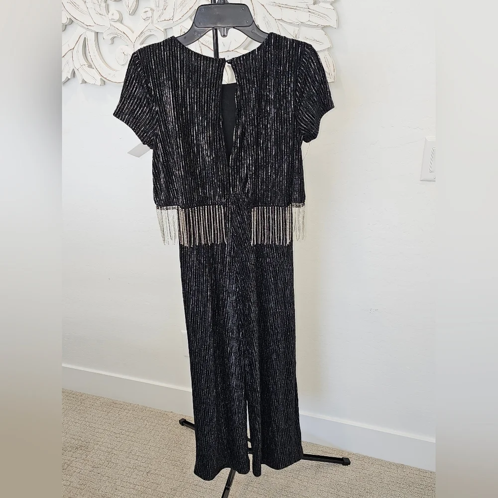 NWT Xhilaration Black Silver Glitter Jumpsuit w/Crystal Bead Fringe Girl Size 7